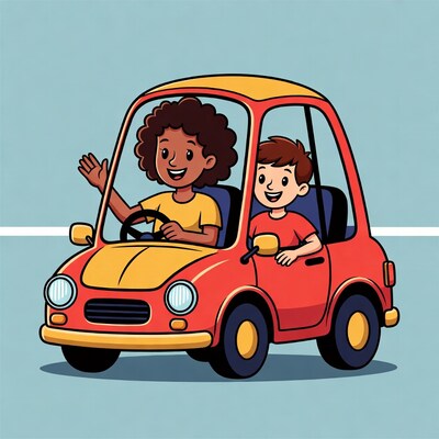 African-American woman driving car with boy