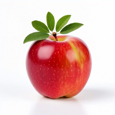 Red apple with green leaves