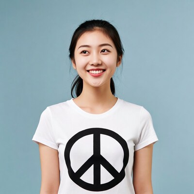 Asian woman smiling in peace sign t-shirt