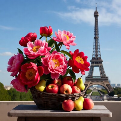 Peonies and Fruit Basket Eiffel Tower