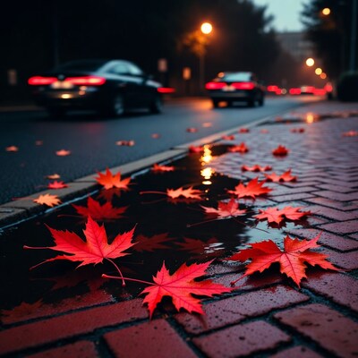 Red Maple Leaves on Wet Brick Sidewalk