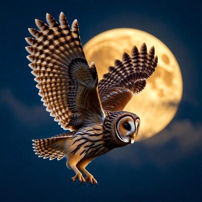 Barn Owl Flying in Front of Moon