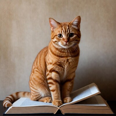 Orange cat reading open book