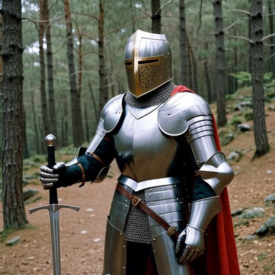 Knight in armor holding sword in forest