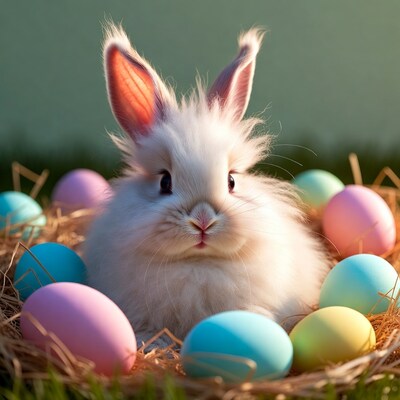 Fluffy white bunny in Easter egg nest