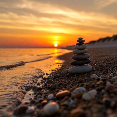 Stacked stones at sunset beach