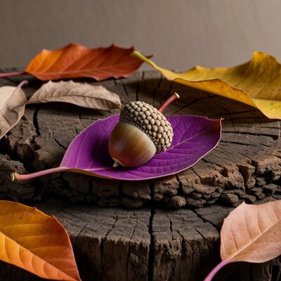 Acorn on Purple Leaf with Autumn Foliage