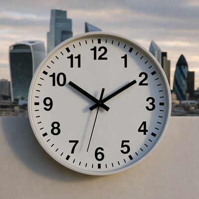 White Clock with London Skyline Background