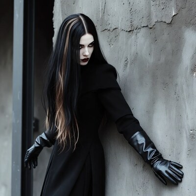 Gothic woman in black gloves against wall