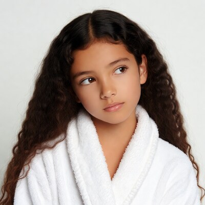 Young girl in white bathrobe