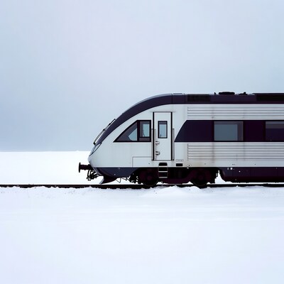 White train on snowy tracks