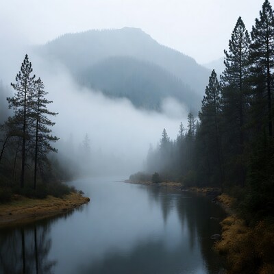 Foggy River in Pine Forest Mountains