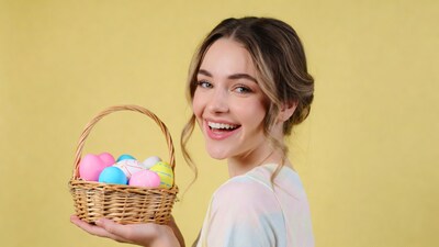 Woman holding Easter basket eggs