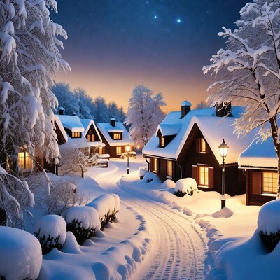 Snowy Wooden Cabins Under Starry Night Sky