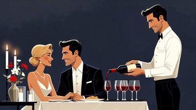 Waiter pouring wine for romantic couple