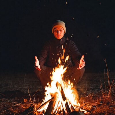 Man meditating by campfire at night