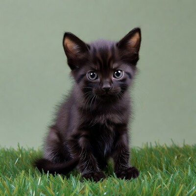 Black kitten sitting on grass