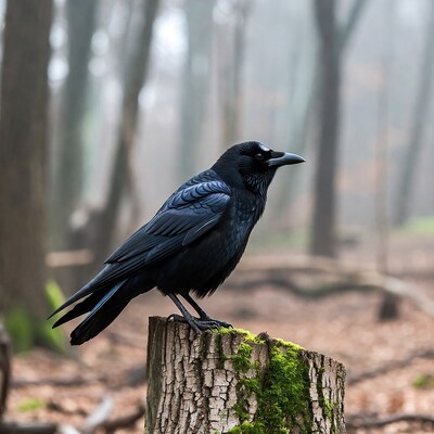 Raven perched on mossy stump