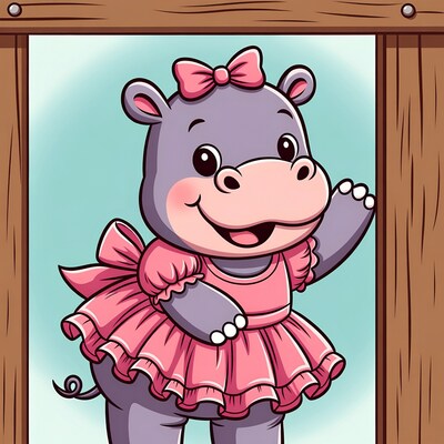 Cute hippo waving in pink dress