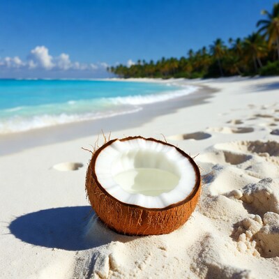 Open Coconut on Tropical Beach