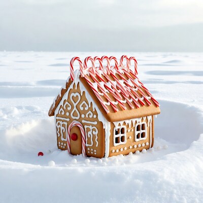 Gingerbread house in snow with candy canes
