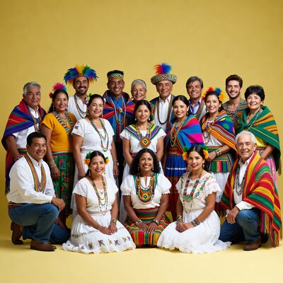 Indigenous group in traditional ponchos and feathers