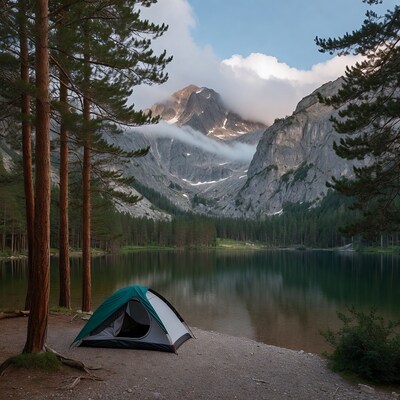 Green tent by mountain lake