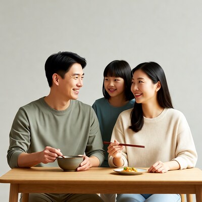 Asian family eating noodles at table