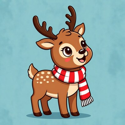 Cute cartoon reindeer wearing red scarf