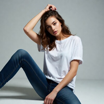 Woman sitting with hand in hair
