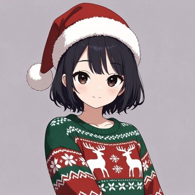 Anime girl in Santa hat and reindeer sweater