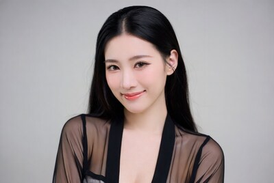 Asian woman in sheer black top smiling