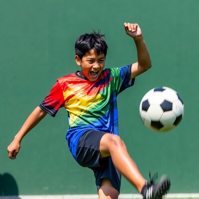 Asian boy kicking soccer ball