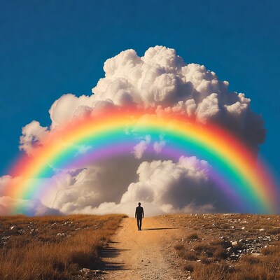 Man walking toward rainbow