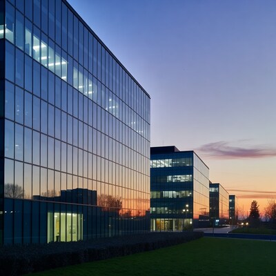 Glass Office Buildings at Sunset