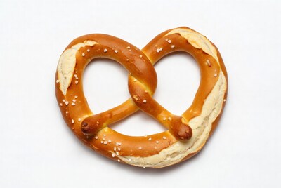 Fresh salted pretzel on white background