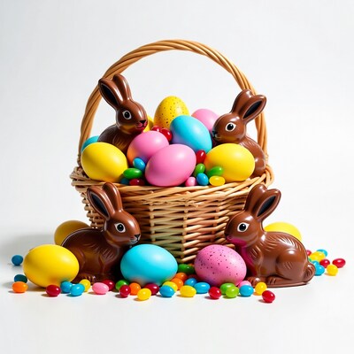 Easter Basket with Chocolate Bunnies and Eggs