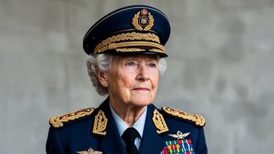 Elderly woman in Russian military uniform
