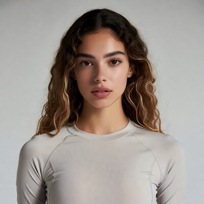 Young woman with curly hair in gray top