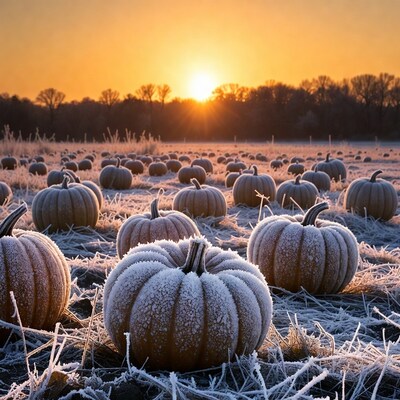 Frosty Pumpkins in Field at Sunrise