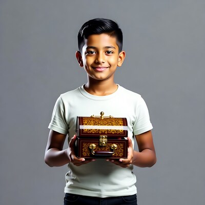 Young Asian boy holding treasure chest