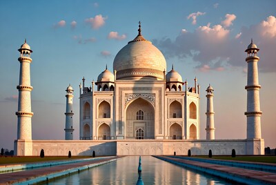Taj Mahal reflecting in pool at sunset
