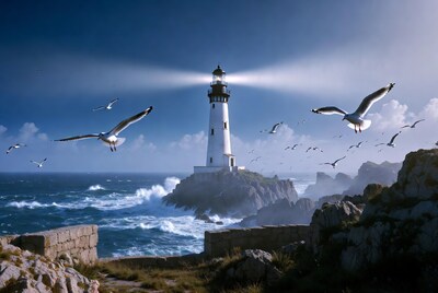 Lighthouse on rocky island with seagulls