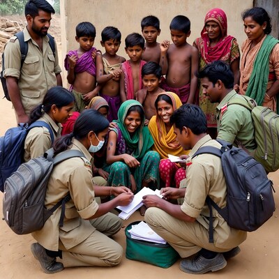 Indian forest guards distributing documents to villagers