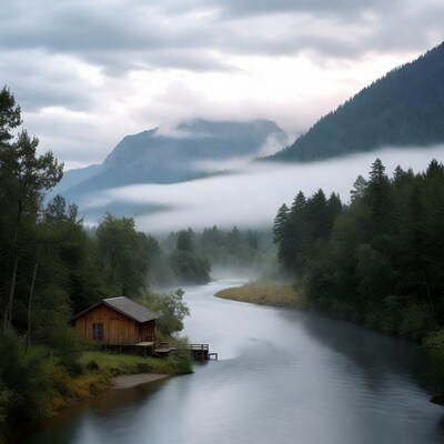 Wooden Cabin by Misty Mountain River