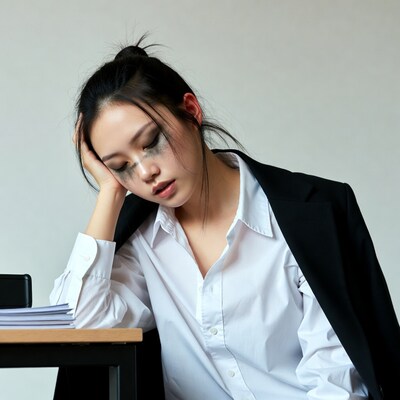 Asian woman tired at desk