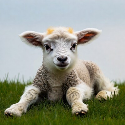 Cute baby lamb lying on grass