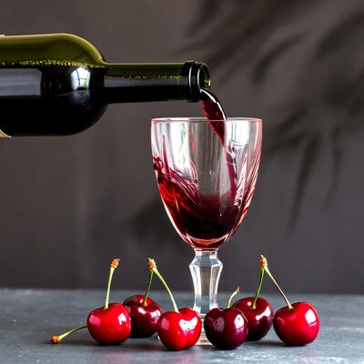 Red wine pouring into glass with cherries
