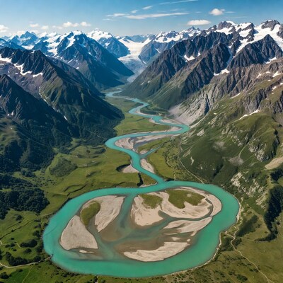 Turquoise River Meandering Through Snowy Mountains