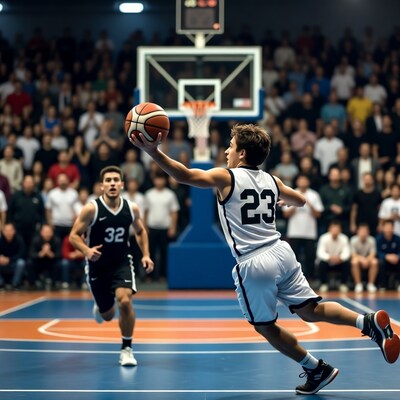 Basketball player dunking over defender